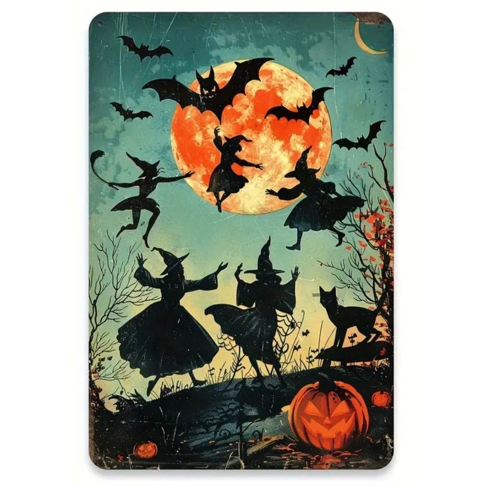 New Halloween Tin Metal Sign Plaque 8x12 Decoration Witches Bats‎ Moon Decor